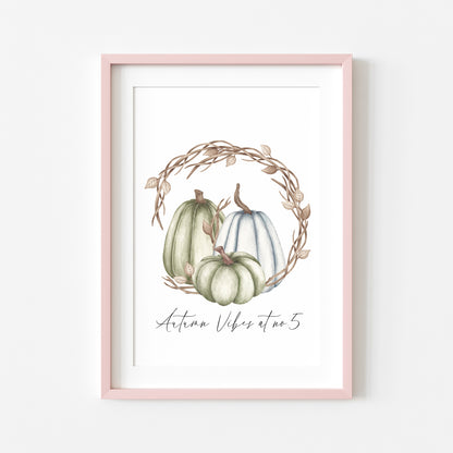 Autumn vibes at no. personalised watercolour blue green brown pumpkin wreath unframed wall art poster print
