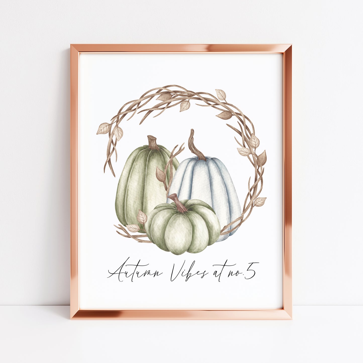 Autumn vibes at no. personalised watercolour blue green brown pumpkin wreath unframed wall art poster print