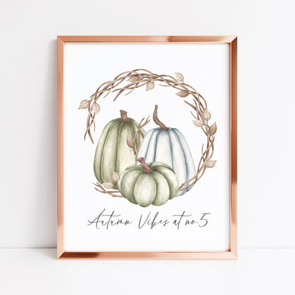 Autumn vibes at no. personalised watercolour blue green brown pumpkin wreath unframed wall art poster print
