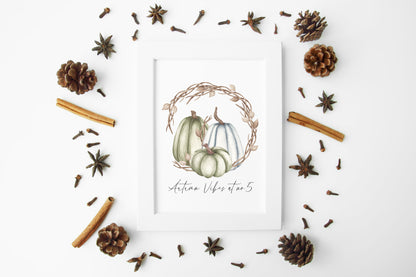 Autumn vibes at no. personalised watercolour blue green brown pumpkin wreath unframed wall art poster print