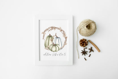 Autumn vibes at no. personalised watercolour blue green brown pumpkin wreath unframed wall art poster print