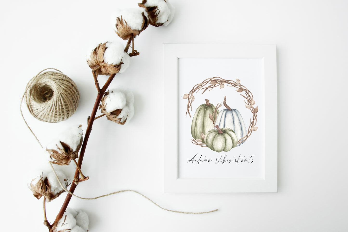 Autumn vibes at no. personalised watercolour blue green brown pumpkin wreath unframed wall art poster print
