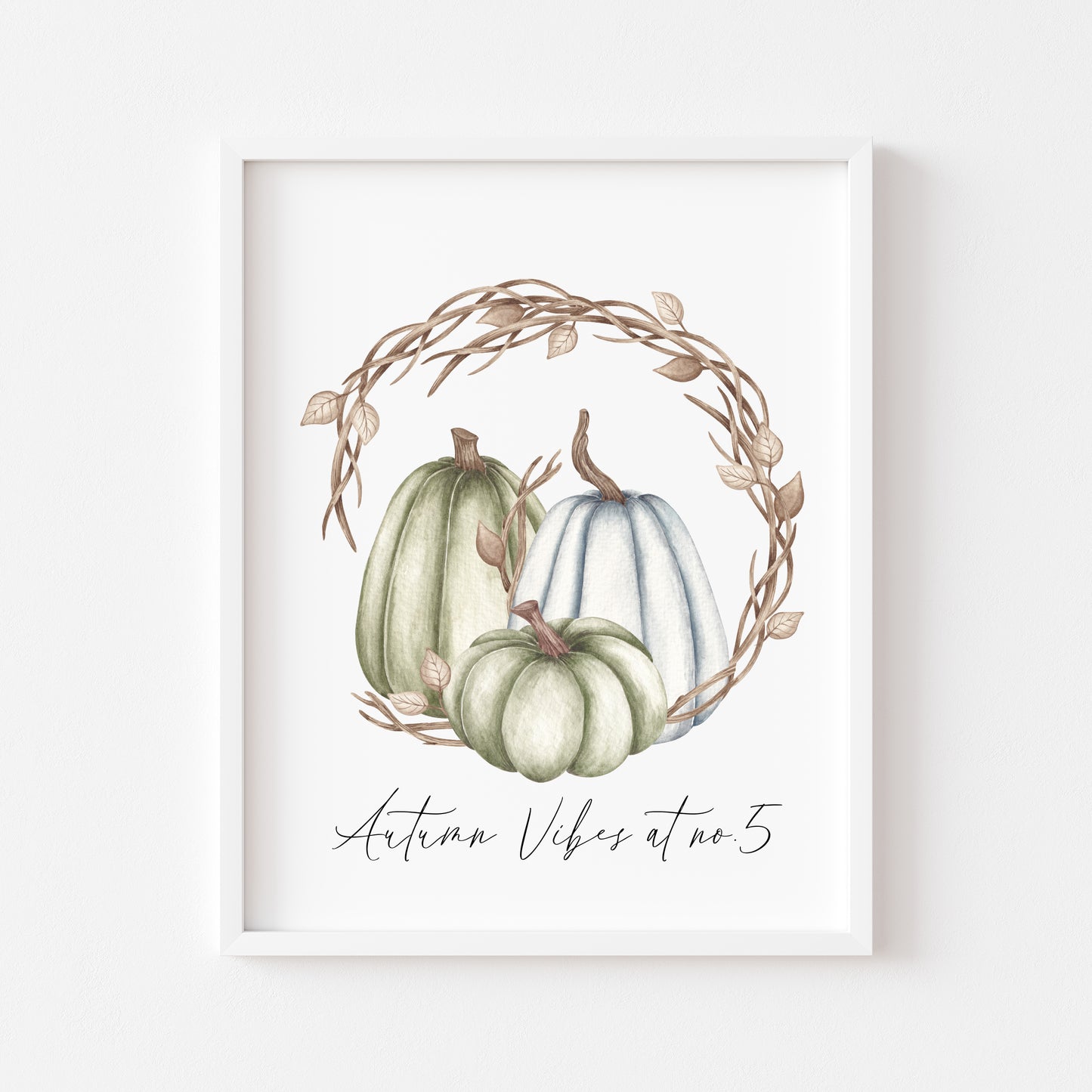 Autumn vibes at no. personalised watercolour blue green brown pumpkin wreath unframed wall art poster print