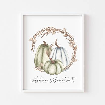 Autumn vibes at no. personalised watercolour blue green brown pumpkin wreath unframed wall art poster print