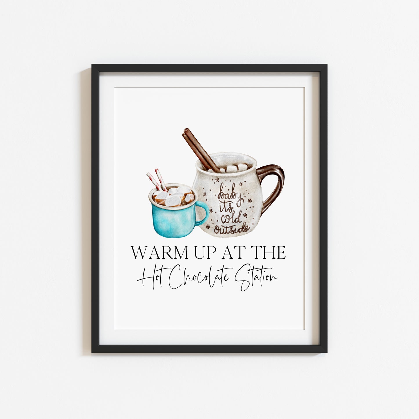 Hot chocolate print, warm up at the hot chocolate station blue hot drinks sign unframed wall art poster print