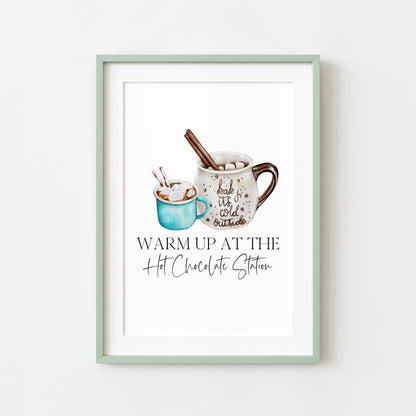 Hot chocolate print, warm up at the hot chocolate station blue hot drinks sign unframed wall art poster print