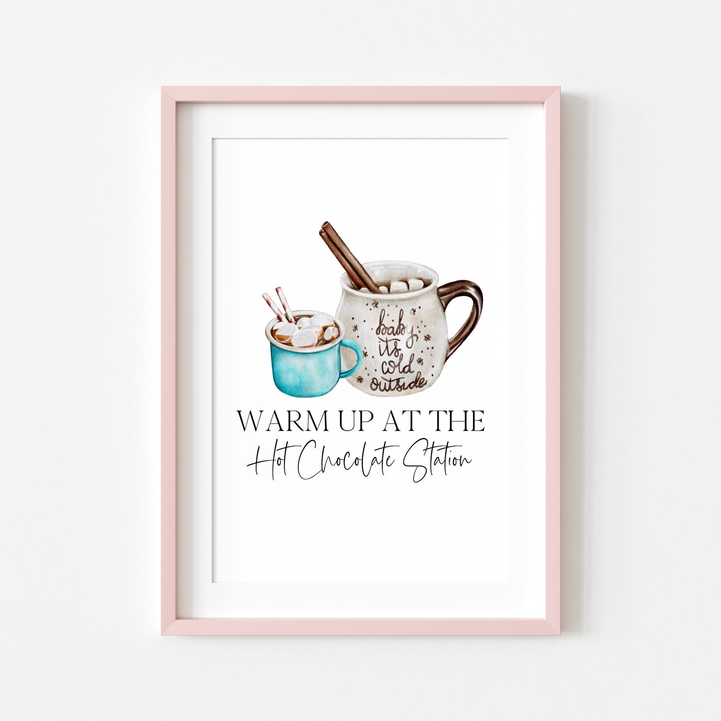 Hot chocolate print, warm up at the hot chocolate station blue hot drinks sign unframed wall art poster print