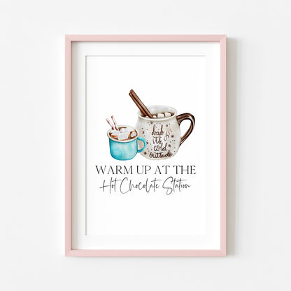 Hot chocolate print, warm up at the hot chocolate station blue hot drinks sign unframed wall art poster print