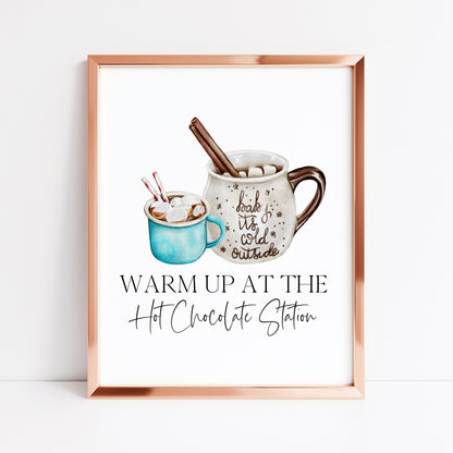 Hot chocolate print, warm up at the hot chocolate station blue hot drinks sign unframed wall art poster print