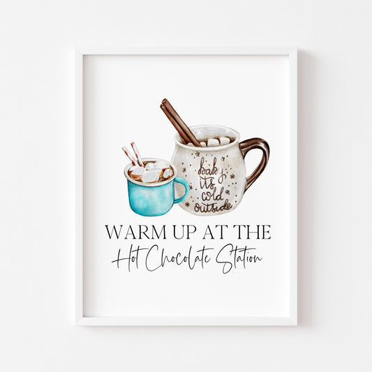 Hot chocolate print, warm up at the hot chocolate station blue hot drinks sign unframed wall art poster print