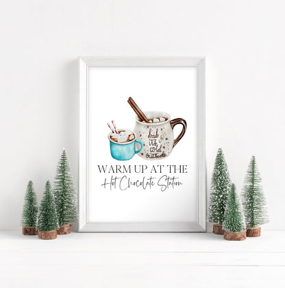 Hot chocolate print, warm up at the hot chocolate station blue hot drinks sign unframed wall art poster print