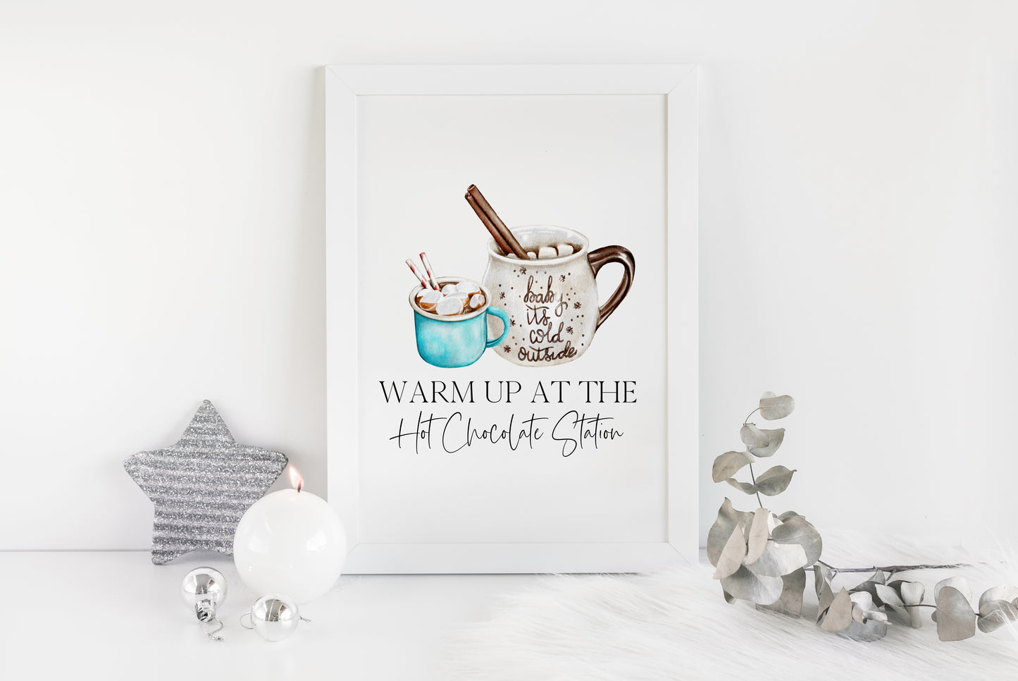 Hot chocolate print, warm up at the hot chocolate station blue hot drinks sign unframed wall art poster print