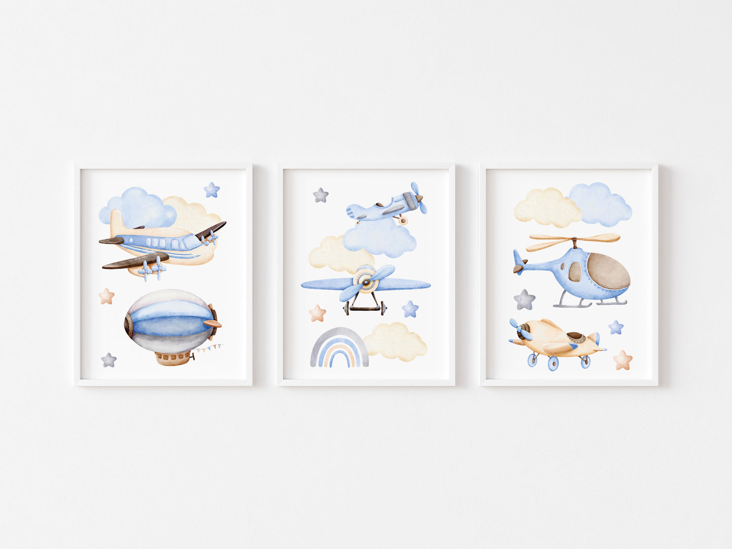 Air transport print set of 3, aviation aeroplane helicopter clouds stars blue beige boys transport wall art (unframed)