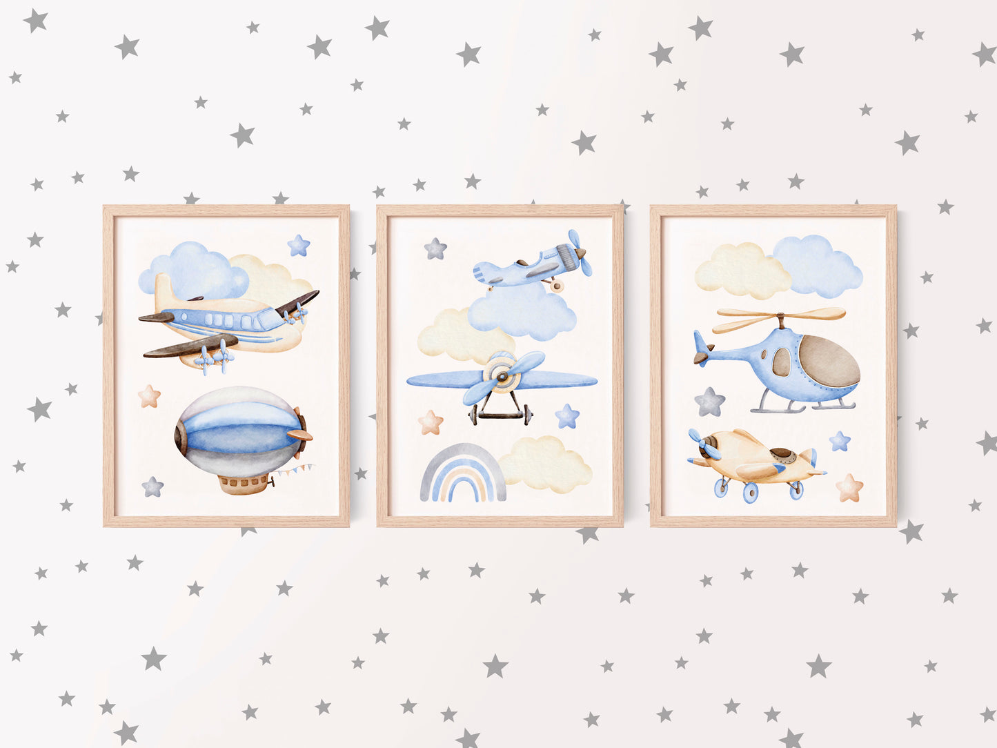 Air transport print set of 3, aviation aeroplane helicopter clouds stars blue beige boys transport wall art (unframed)