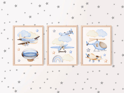 Air transport print set of 3, aviation aeroplane helicopter clouds stars blue beige boys transport wall art (unframed)