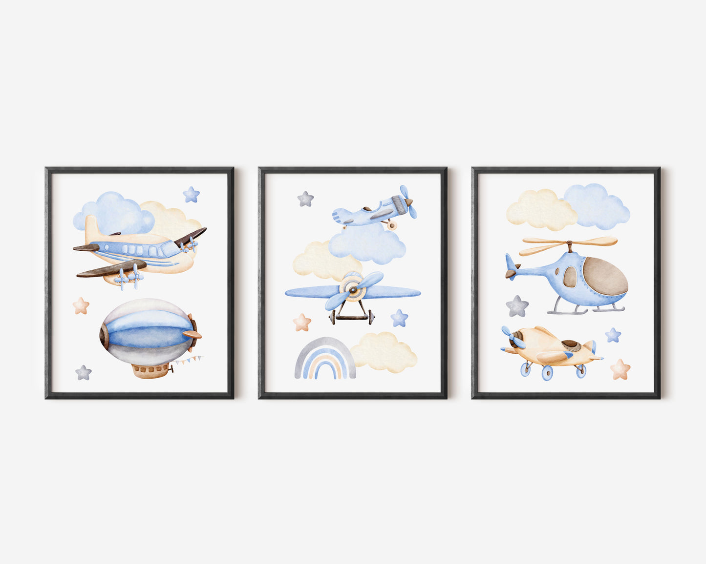 Air transport print set of 3, aviation aeroplane helicopter clouds stars blue beige boys transport wall art (unframed)