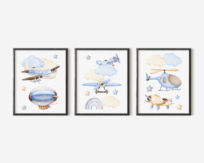 Air transport print set of 3, aviation aeroplane helicopter clouds stars blue beige boys transport wall art (unframed)