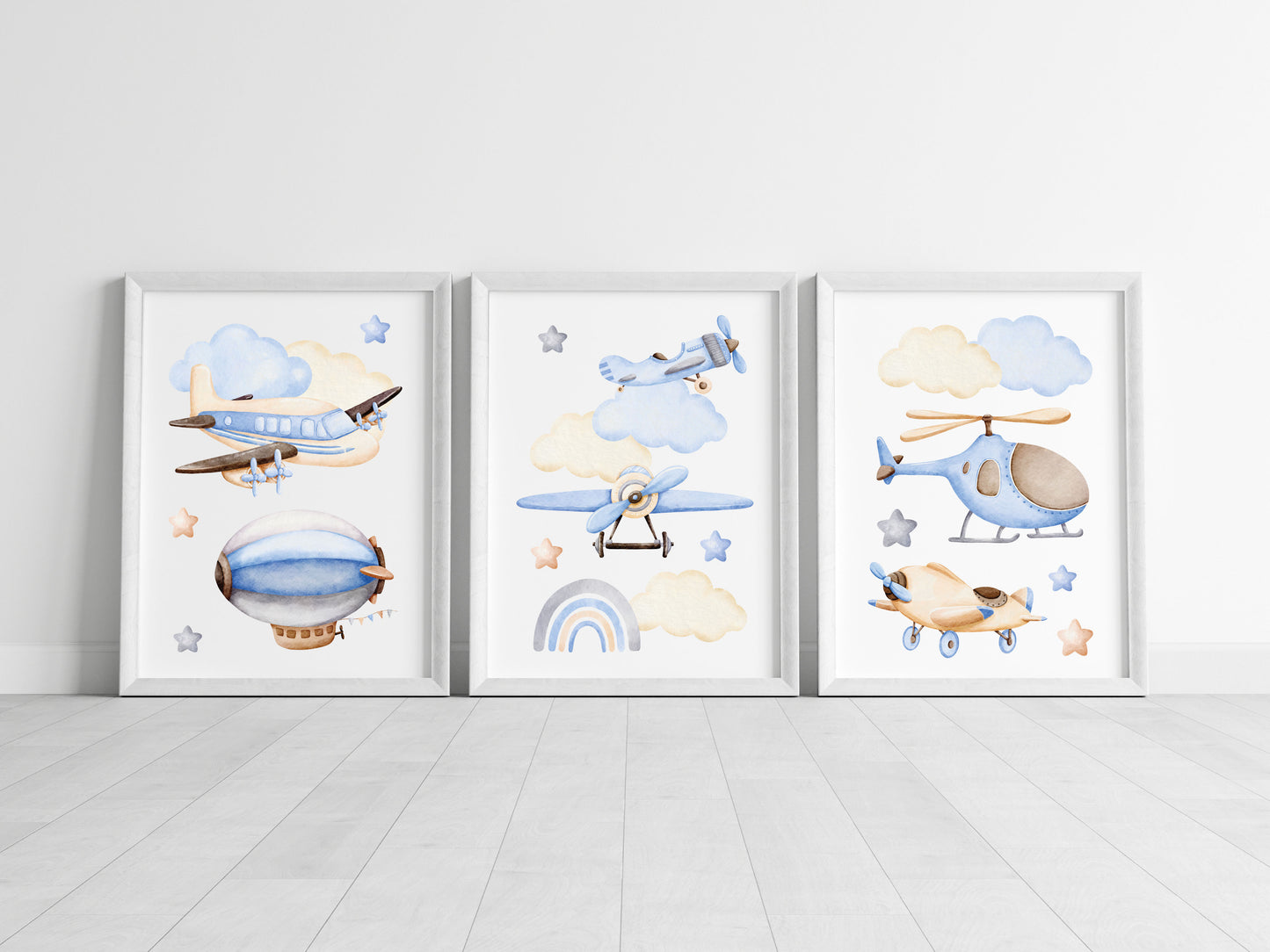 Air transport print set of 3, aviation aeroplane helicopter clouds stars blue beige boys transport wall art (unframed)