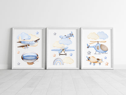 Air transport print set of 3, aviation aeroplane helicopter clouds stars blue beige boys transport wall art (unframed)