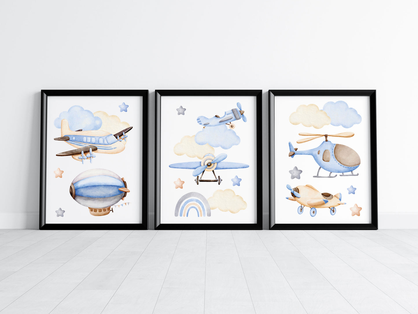 Air transport print set of 3, aviation aeroplane helicopter clouds stars blue beige boys transport wall art (unframed)