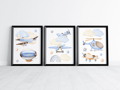 Air transport print set of 3, aviation aeroplane helicopter clouds stars blue beige boys transport wall art (unframed)