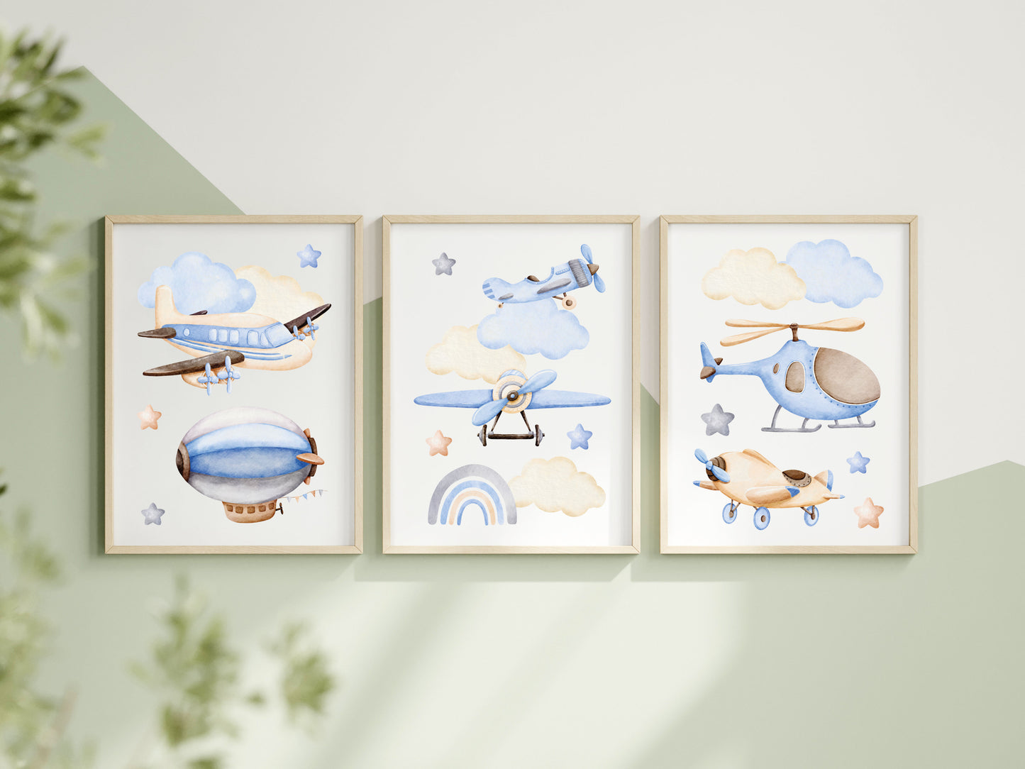 Air transport print set of 3, aviation aeroplane helicopter clouds stars blue beige boys transport wall art (unframed)