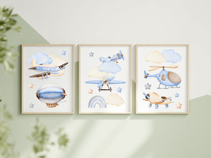Air transport print set of 3, aviation aeroplane helicopter clouds stars blue beige boys transport wall art (unframed)