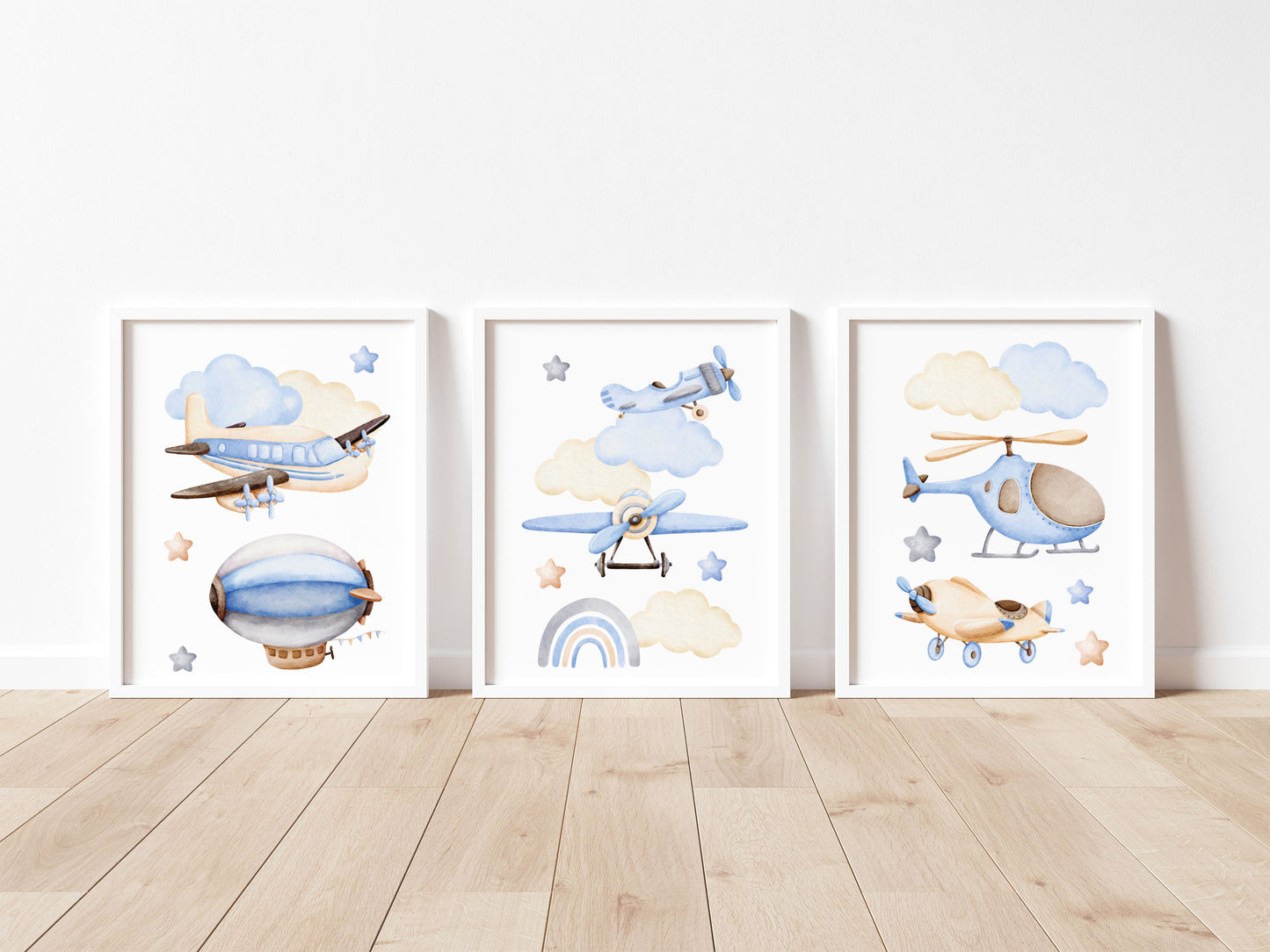 Air transport print set of 3, aviation aeroplane helicopter clouds stars blue beige boys transport wall art (unframed)