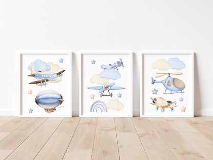 Air transport print set of 3, aviation aeroplane helicopter clouds stars blue beige boys transport wall art (unframed)
