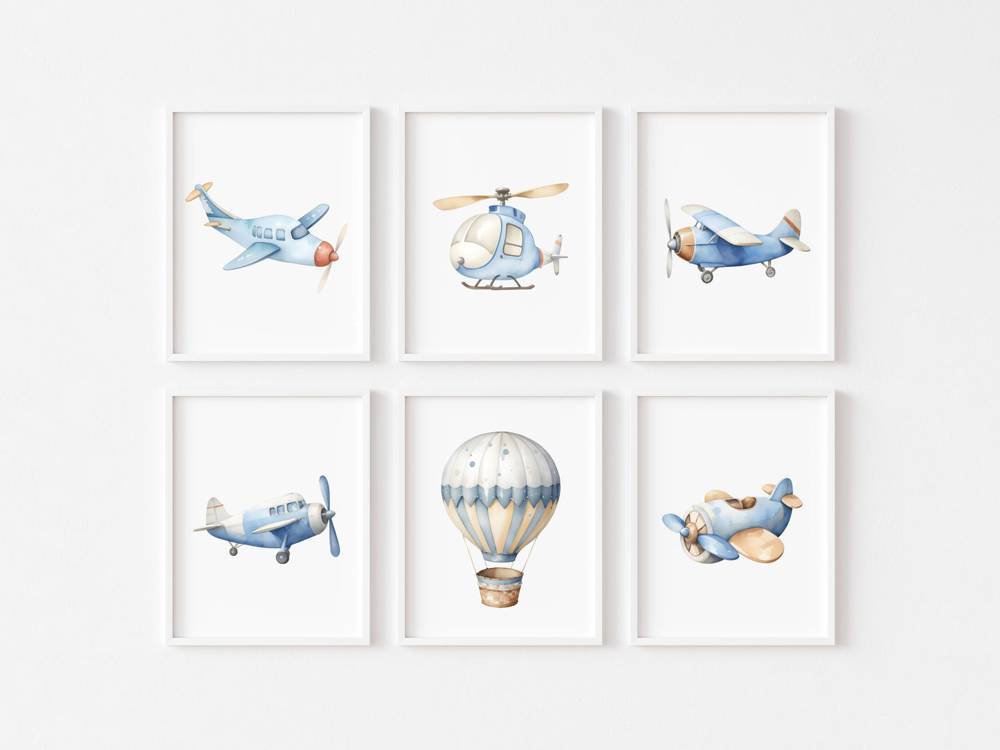 Set of 6 Air transport prints aviation aeroplane blue beige red boys transport wall art (unframed)