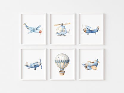 Set of 6 Air transport prints aviation aeroplane blue beige red boys transport wall art (unframed)