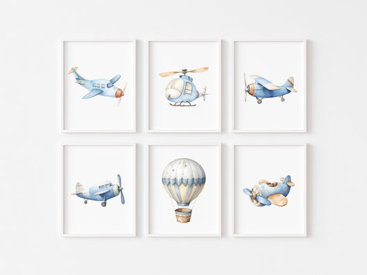 Set of 6 Air transport prints aviation aeroplane blue beige red boys transport wall art (unframed)