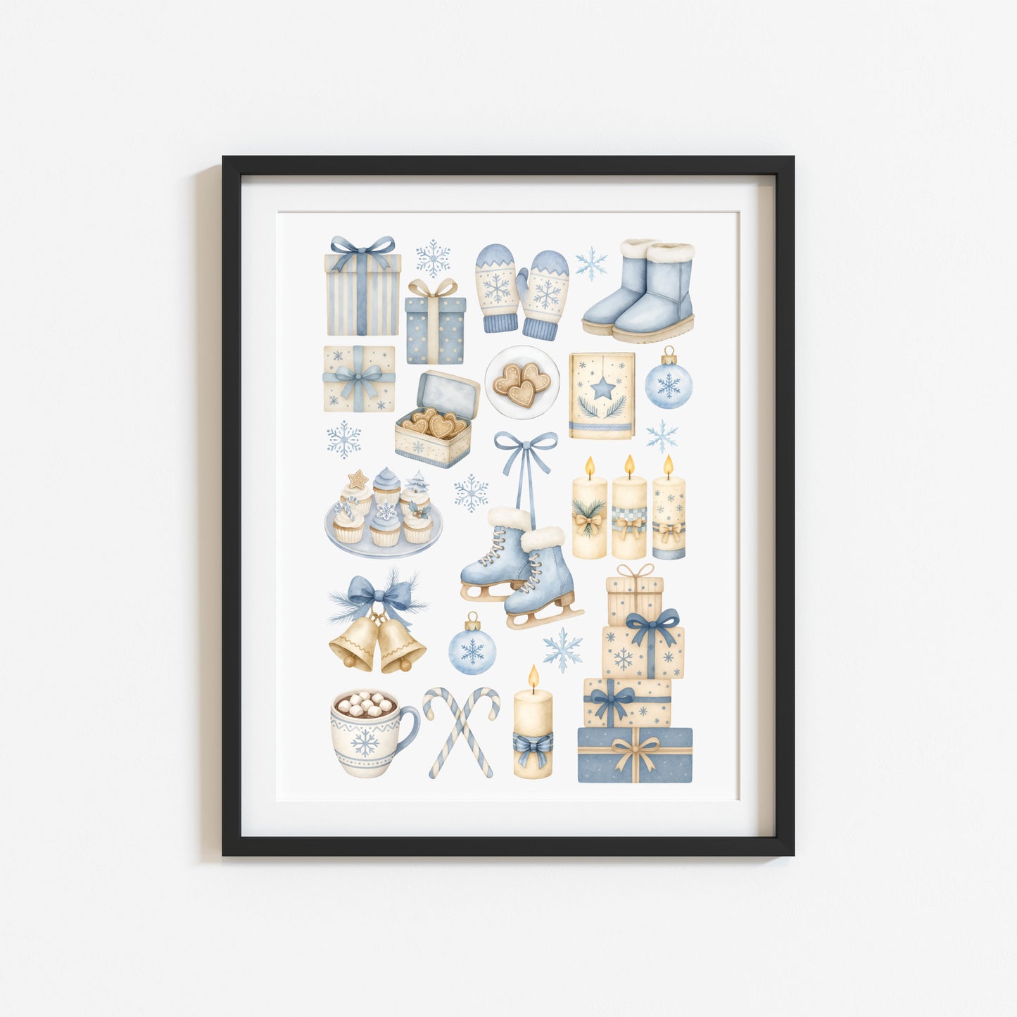Cosy Winter print, light blue beige Christmas mood board unframed wall art poster print