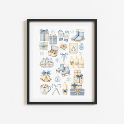 Cosy Winter print, light blue beige Christmas mood board unframed wall art poster print