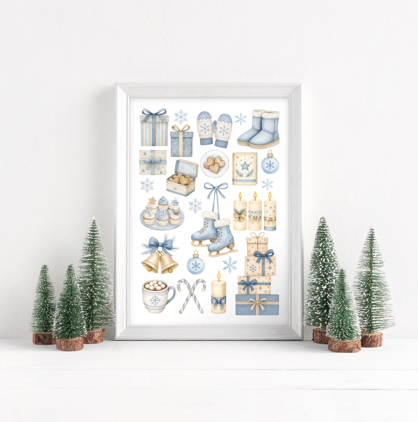 Cosy Winter print, light blue beige Christmas mood board unframed wall art poster print