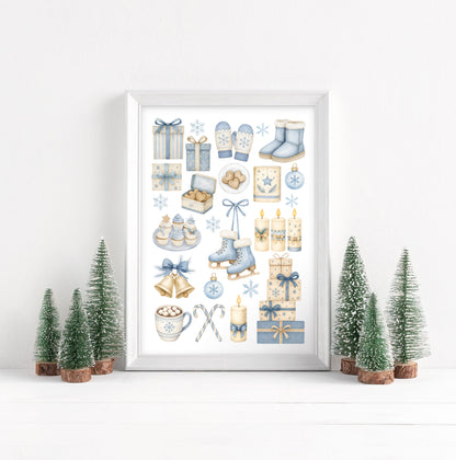 Cosy Winter print, light blue beige Christmas mood board unframed wall art poster print