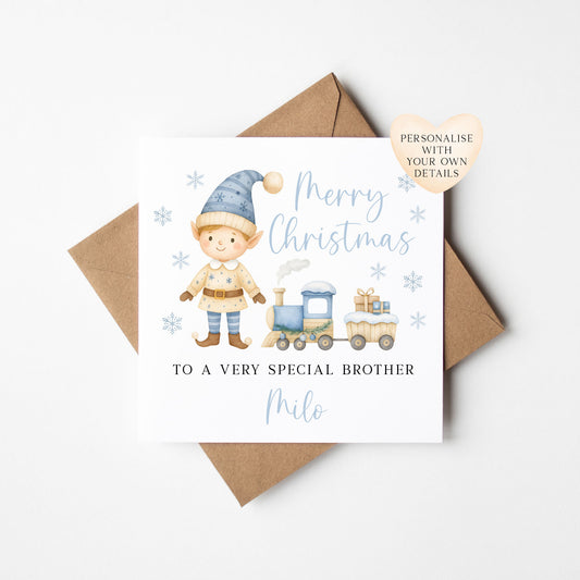 Personalised Boys Christmas Card, Elf and Train Holiday Card for Toddler, Custom Name