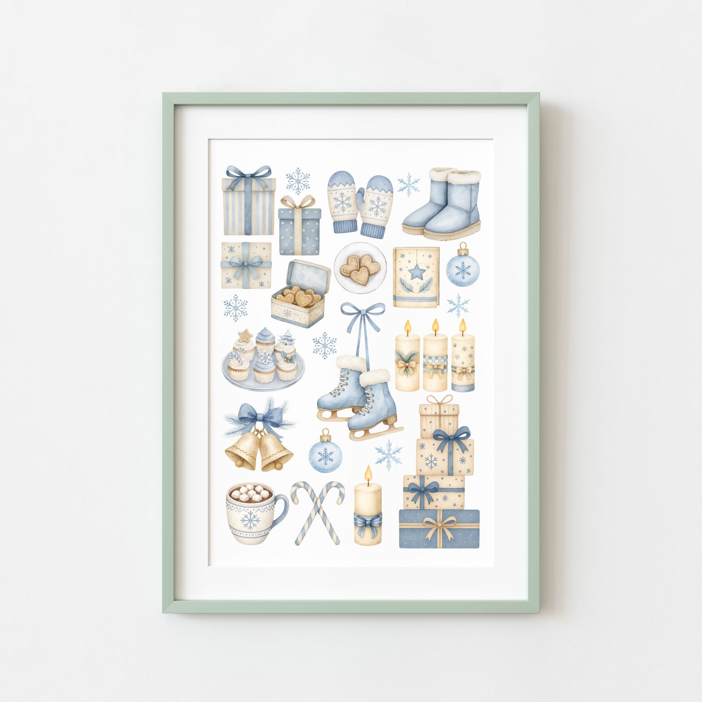 Cosy Winter print, light blue beige Christmas mood board unframed wall art poster print