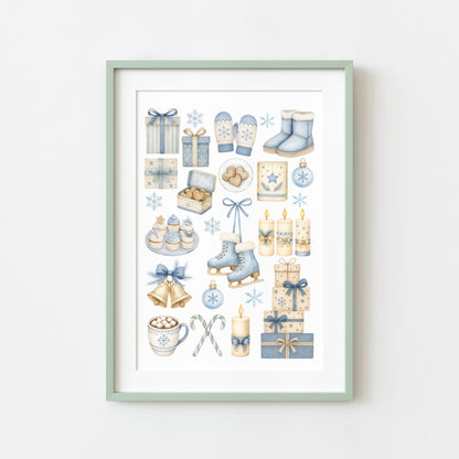 Cosy Winter print, light blue beige Christmas mood board unframed wall art poster print