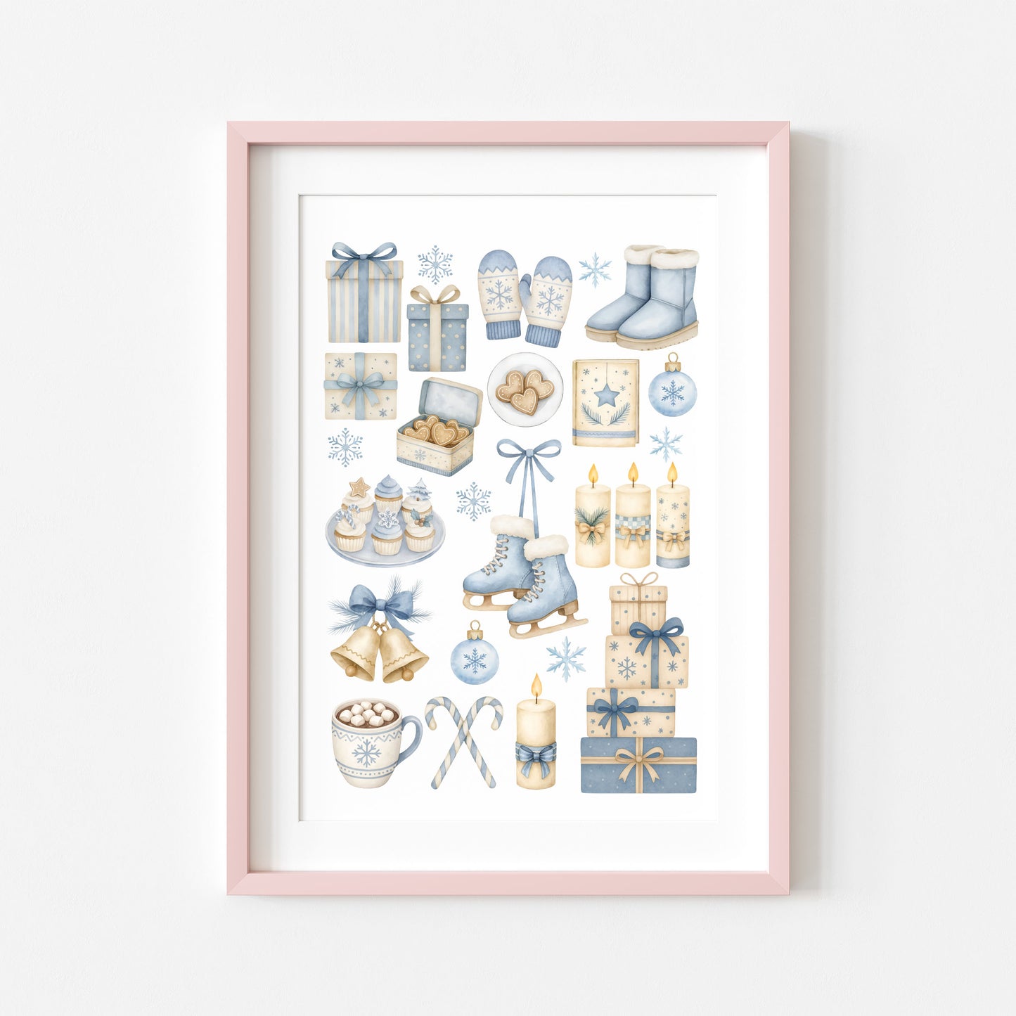 Cosy Winter print, light blue beige Christmas mood board unframed wall art poster print