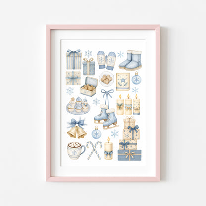 Cosy Winter print, light blue beige Christmas mood board unframed wall art poster print