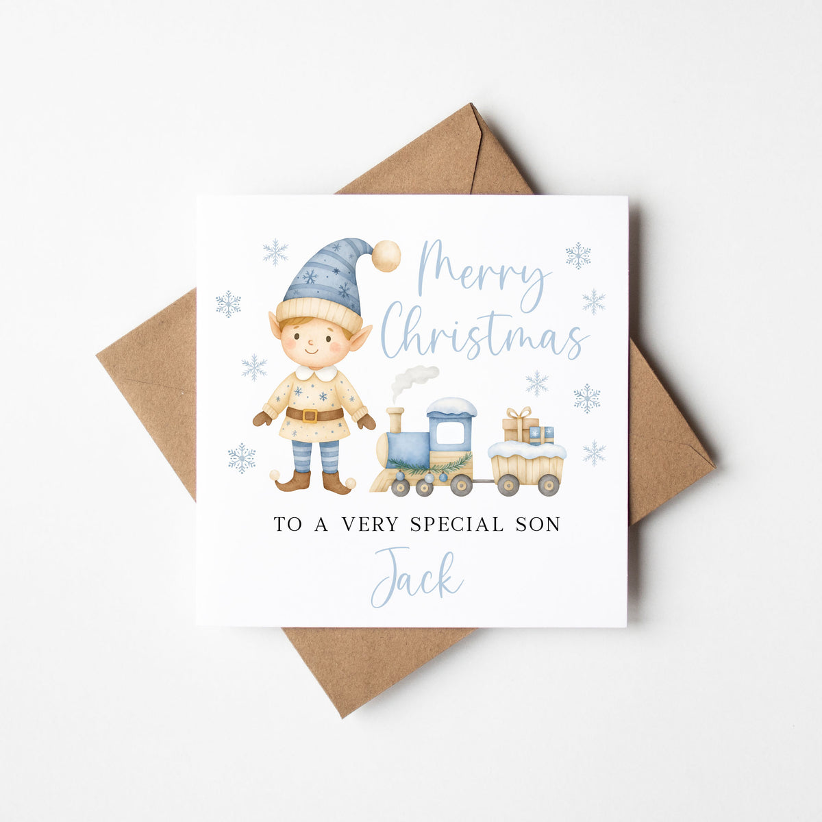Personalised Boys Christmas Card, Elf and Train Holiday Card for Toddler, Custom Name