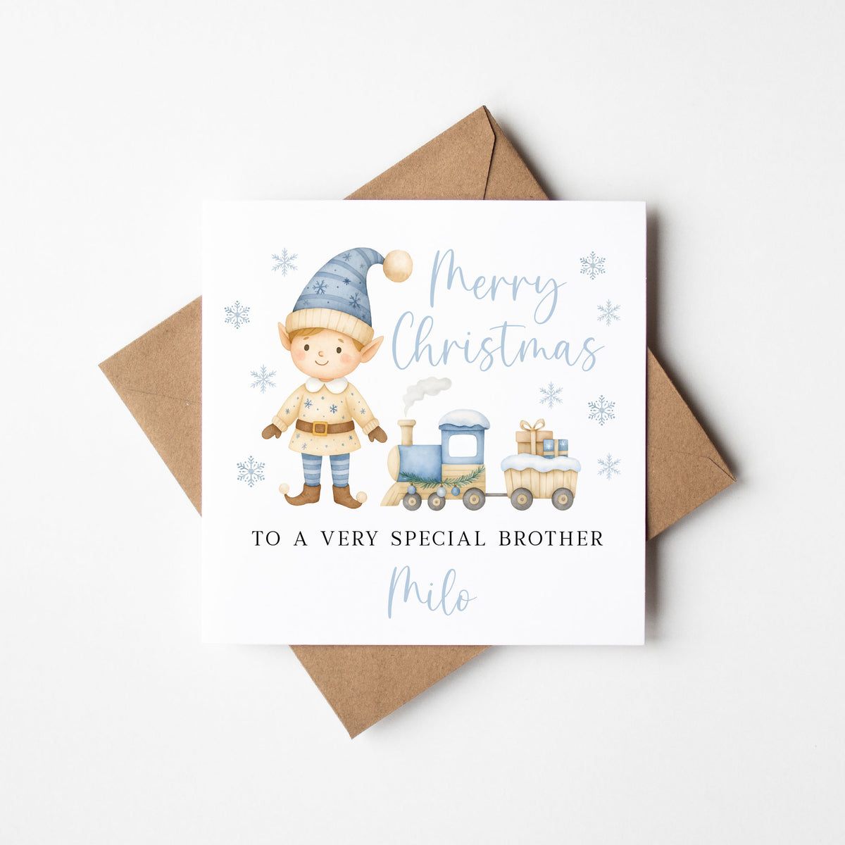 Personalised Boys Christmas Card, Elf and Train Holiday Card for Toddler, Custom Name