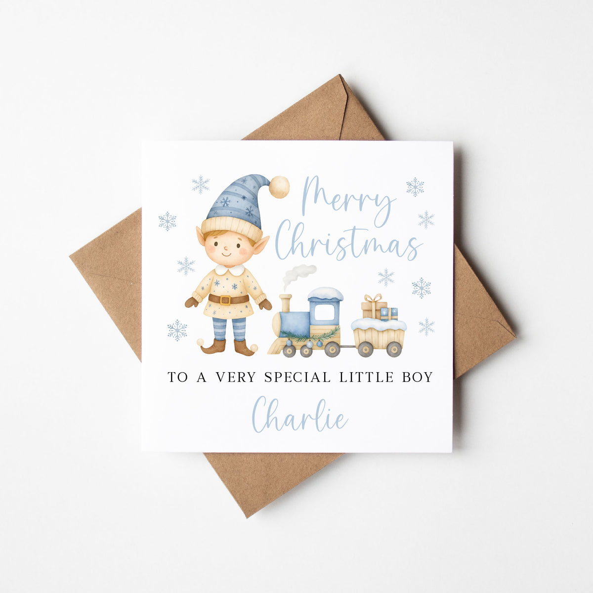 Personalised Boys Christmas Card, Elf and Train Holiday Card for Toddler, Custom Name