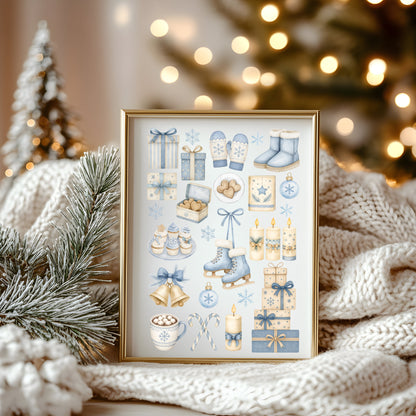 Cosy Winter print, light blue beige Christmas mood board unframed wall art poster print