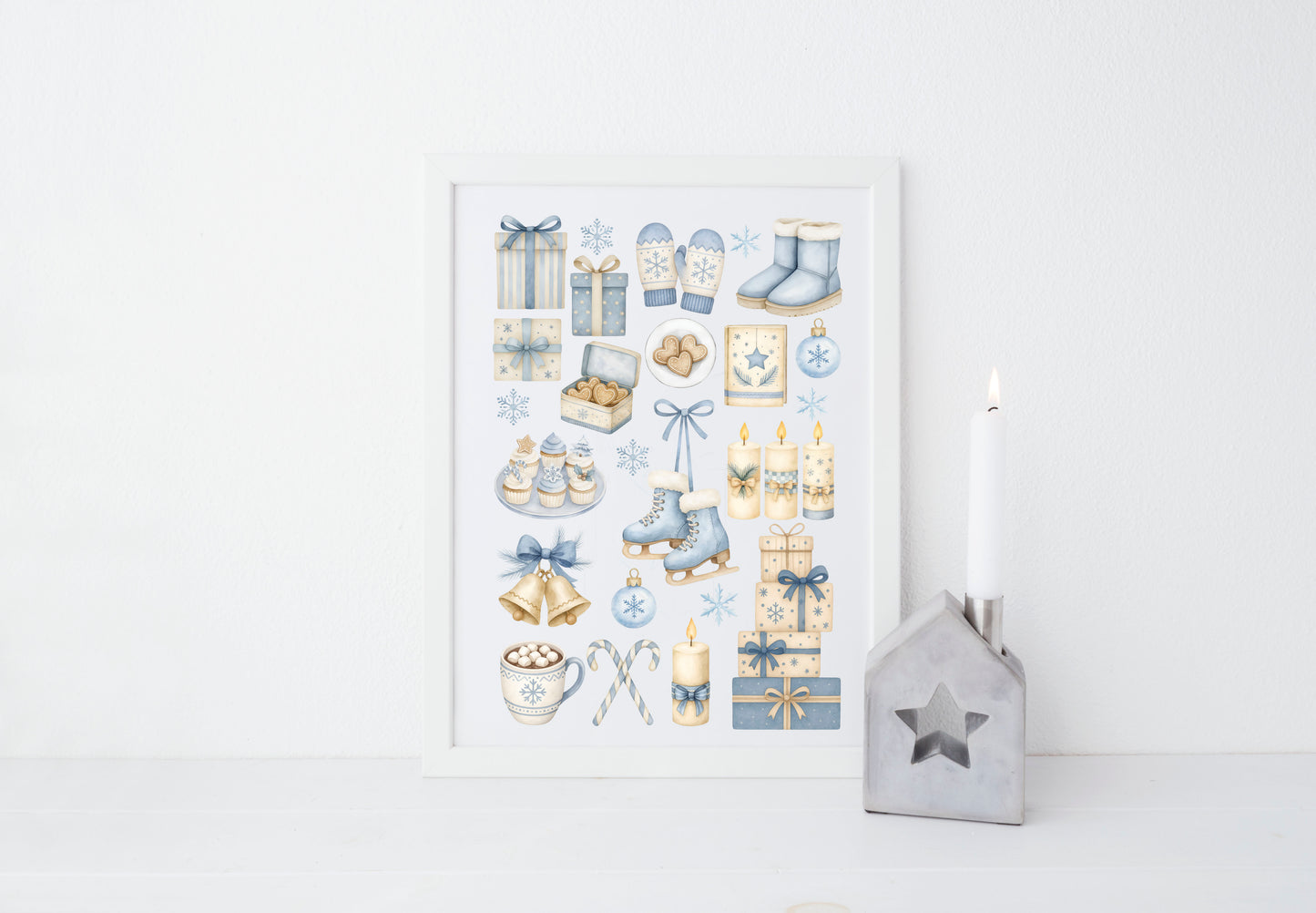 Cosy Winter print, light blue beige Christmas mood board unframed wall art poster print