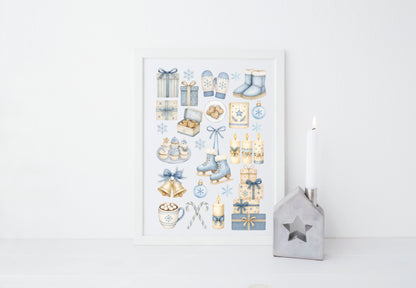 Cosy Winter print, light blue beige Christmas mood board unframed wall art poster print