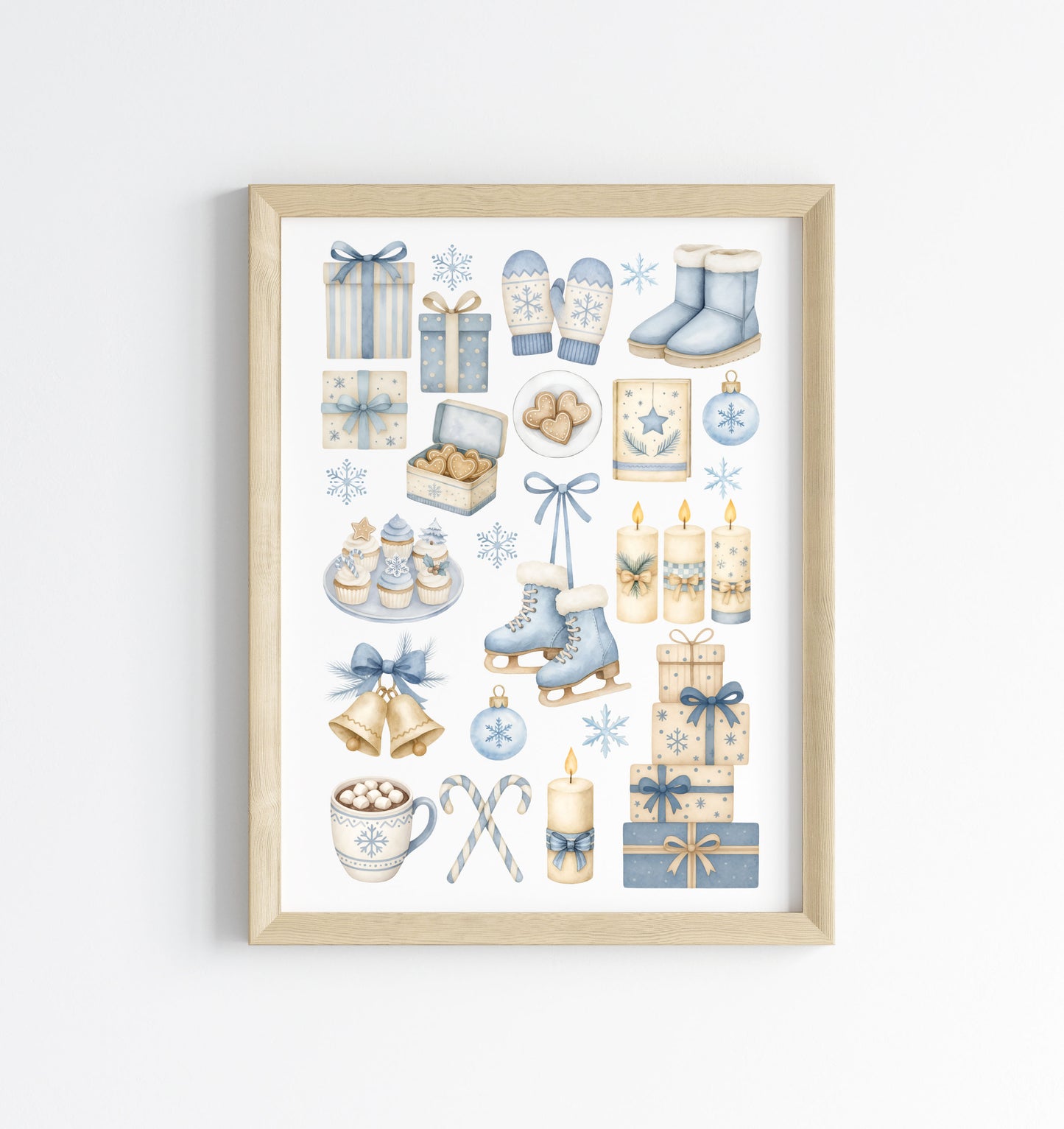 Cosy Winter print, light blue beige Christmas mood board unframed wall art poster print