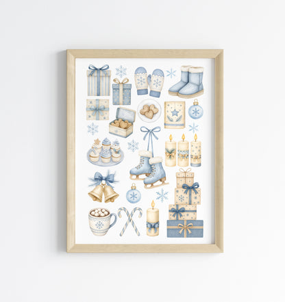Cosy Winter print, light blue beige Christmas mood board unframed wall art poster print