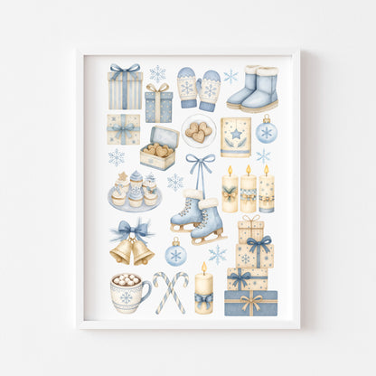 Cosy Winter print, light blue beige Christmas mood board unframed wall art poster print